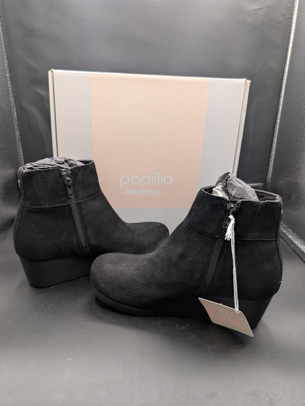 Papillio Black Suede Wedge Ankle Booties